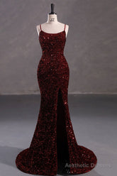 Slim Burgundy Shimmery Open Back Formal Prom Evening Dress